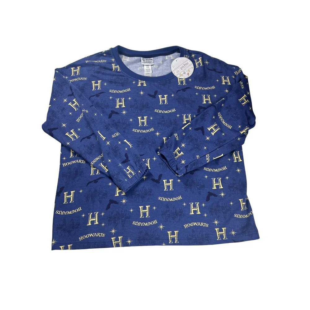 Harry Potter Hogwarts Pajamas Set Adult Large Blue Spell Print Long Sleeve Pants